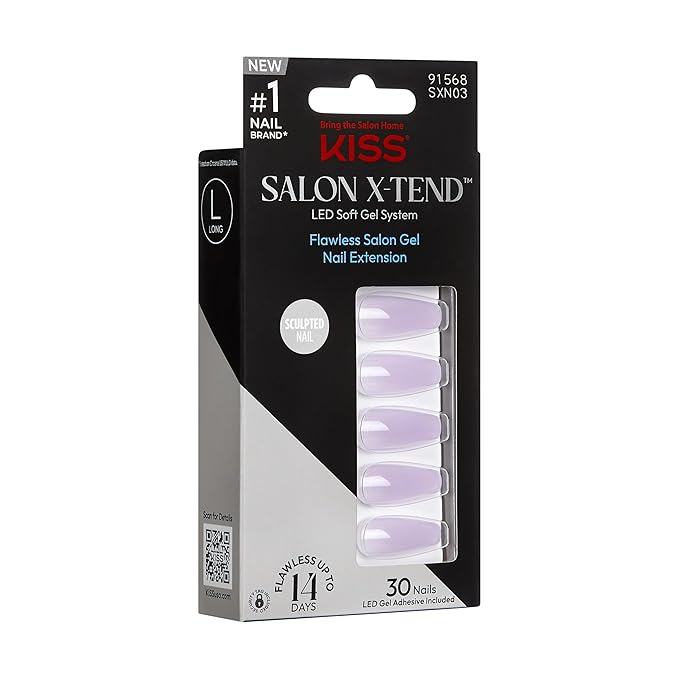 KISS Salon X-tend, Press-On Nails, Nail glue included, 'Gimme', Light Purple, Long Size, Coffin Shape, Includes 30 Nails, 5Ml Led Soft Gel Adhesive, 1 Manicure Stick, 1 New Mini File, New Prep Pad