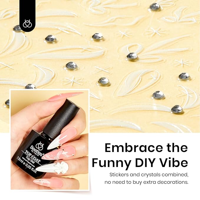 Beetles Gel Top Coat With 6 Pcs Nail Stickers for Nail Art, 5D Rhinestones Sticker Embossed White Flower Design with Nail Tweezer Pegatinas Uñas Nail Gems Decorations for Women