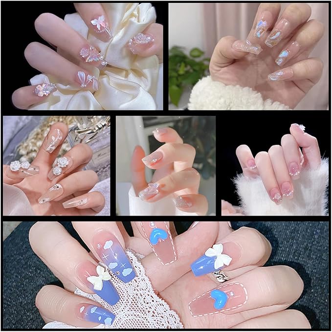 850 Pieces 3D Butterfly Rose Flower Bow Rabbit Bear Nail Charms Kit with Nail Art Rhinestones Pearls Crystal Gems Nail Slices for Manicure DIY Crafts Jewelry Accessories (White)
