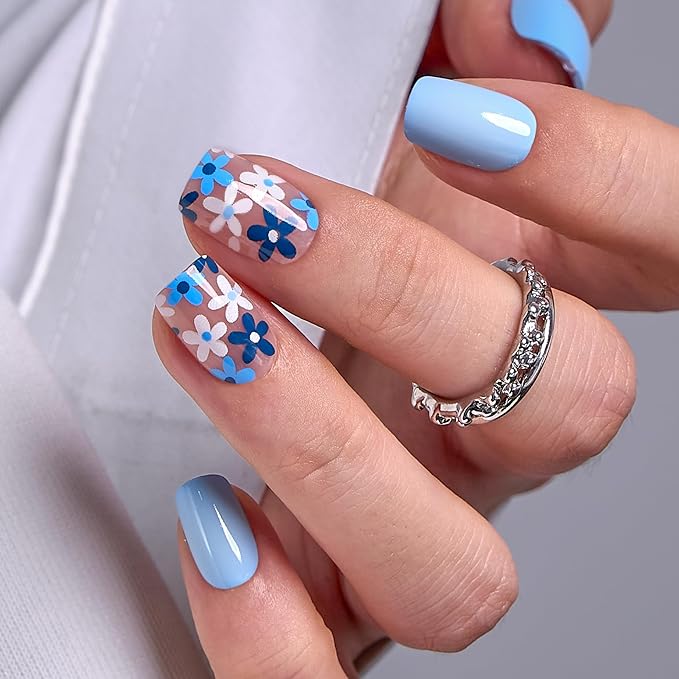 Curvlife Press On Nails Acrylic False Nails Kit with Glue, File & Adhesive Tabs - Azure Blue Flower, 30pcs