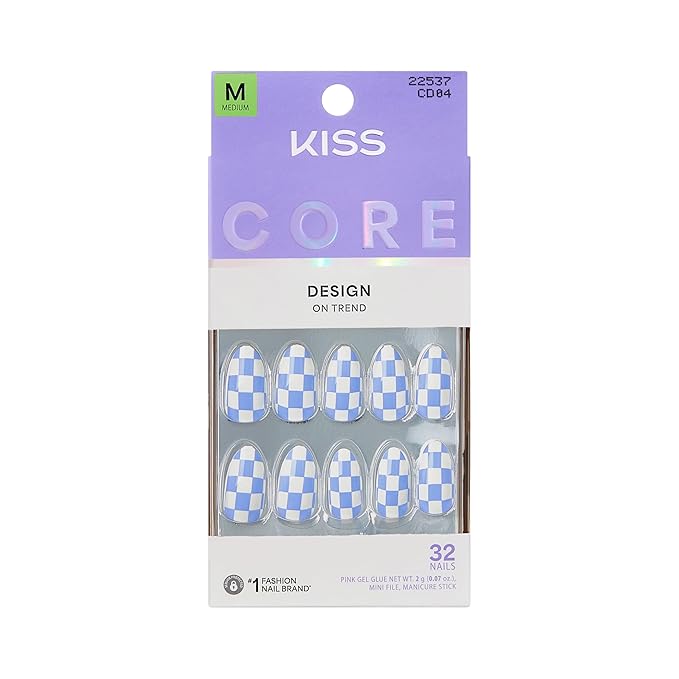 KISS CORE, Press On Nails, Nail glue included, 'Credit', Blue, Medium Size, Almond Shape, Includes 32 Nails, 2g Glue, 1 Manicure Stick, 1 Mini File