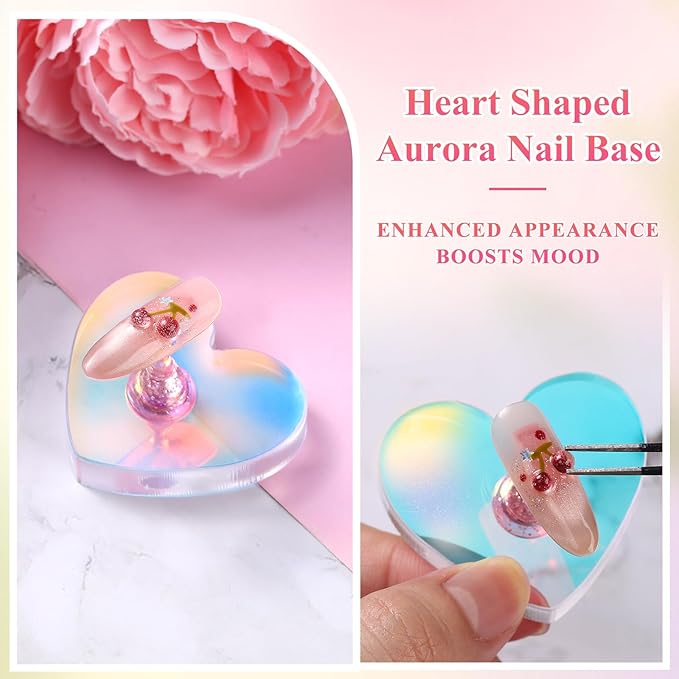 Etercycle 2 Set Wooden Nail Holder for Display Painting Nails - 1 Aurora Heart Shaped Acrylic Magnetic Practice Nail Stand - Fake Nail Holder for Press On Nails with Reusable Adhesive Putty