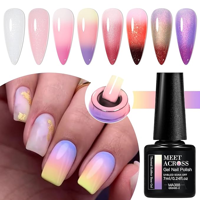 MEET ACROSS Color Changing Rubber Base Gel Nail Polish Set Pink Purple Red Builder Base Gel in a Bottle Hard Extension Gel Shimmer White Pink Cured for Nails at Home Salon DIY Beginner 12PCS