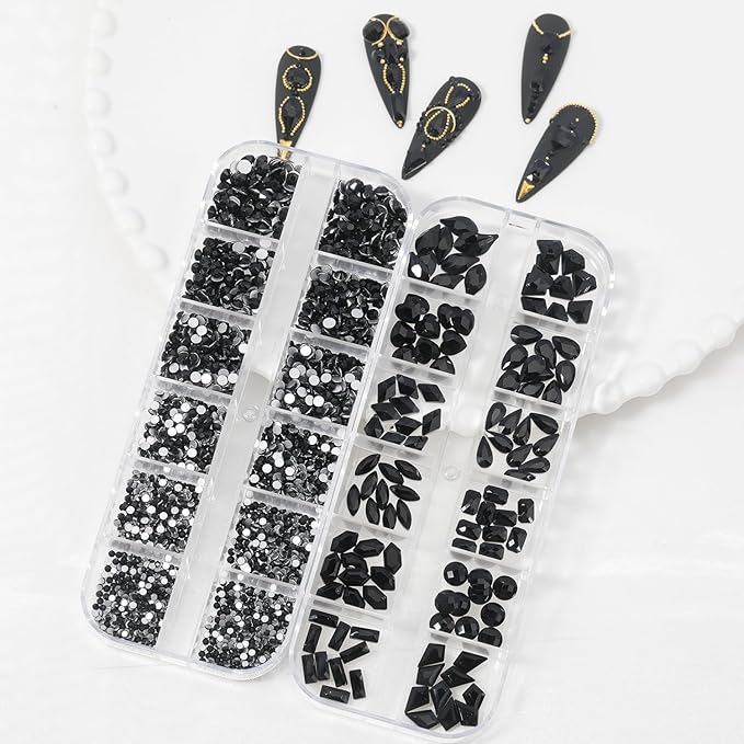 Nail Rhinestones - 3D Multi Shape Size, Flat Back, Manicure Rhinestones Charms, Crystal Black Gems, with Kit, for Nail Art, Bedazzling Acrylic Nails, DIY Decor