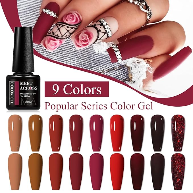 MEET ACROSS 9 Colors Gel Nail Polish + 3PCS Function Gel Nail Polish Kit,Fashion Nail Art Set Design Gifts for Women Manicure Salon (SET6, 12pcs)