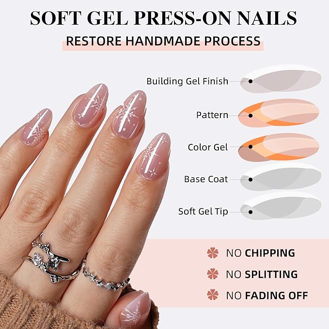 Pink Press On Nails Short Almond with Chrome Accent Design, Glossy Reusable Press On Nails for Women, 32 Count 16 Sizes Nail Kit with Glue (SV-15)