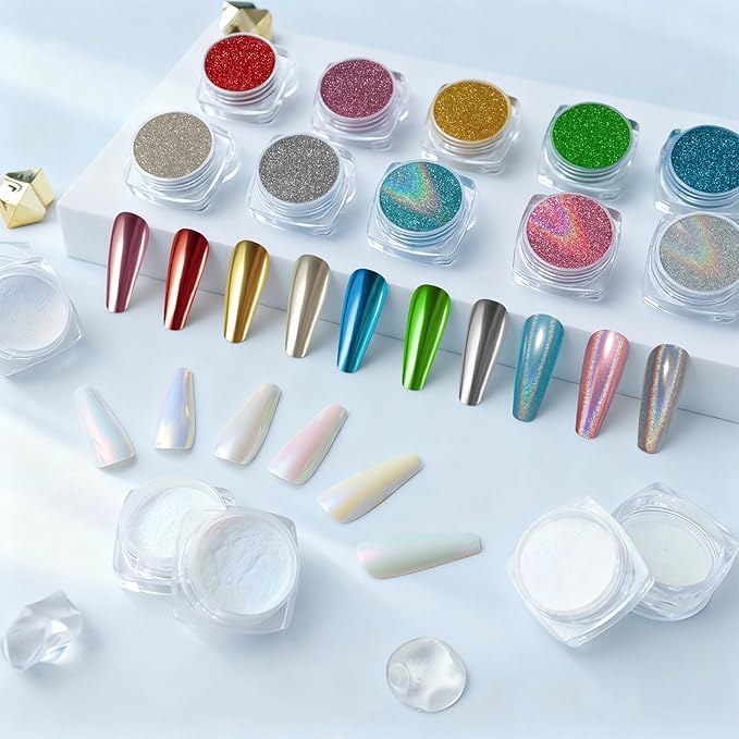 SIUSIO 16 Jars Chrome Nail Powder Nail Art Glitter Decoration Metallic Mirror Effect Holographic Aurora Pearl Mermaid White Pigment Powder Kit for Resin Craft Nail Art - Aurora Phantom