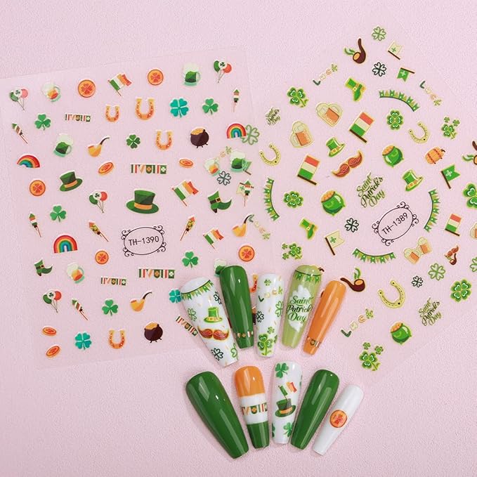 6Sheets St. Patrick's Day Nail Stickers 3D Rainbow Coin Hat Four Leaf Clover Design Spring Nail Decals Lucky Green Shamrock Nail Art Stickers for Women DIY Irish St. Patrick's Day Nail Supplies Decor