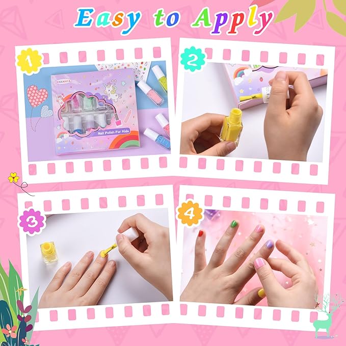 wakaniya Kids Nail Polish Set for Girls - 12 Candy Colors Safe Toddler Nail Kit with Nail Stickers, Water Based NonToxic Peel Off Quick Dry Nail Polish for Girls