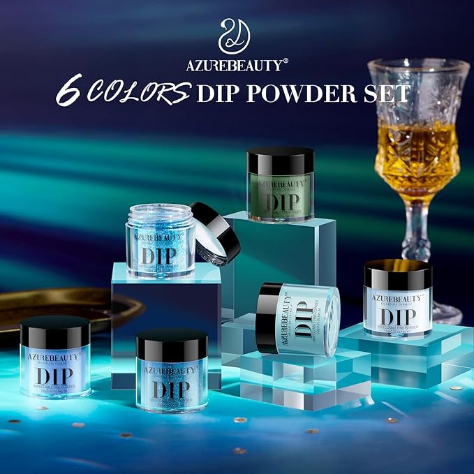 AZUREBEAUTY Dip Powder Nail Set Blue Green Shimmery, All Seasons 6 Colors Dipping Powder Starter Kit French Starry Ocean Banquet Nail Art Manicure DIY Salon Gifts for Women, No Need Nail Lamp Cured