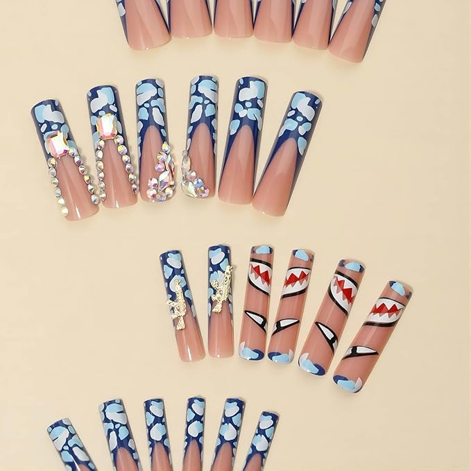 Extra Long Press on Nails Square Fake Nails Blue French Tip Acrylic Nails with Gorgeous Patterns Designs False Nails Rhinestone Glue on Nail for Women 24Pcs