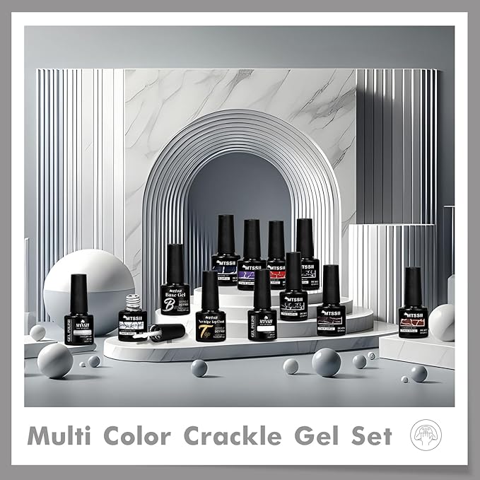 MTSSII 12pc Crackle Gel Nail Polish Set - 7 Colors: Red, Purple, Orange, Pink, Green, Blue + White, Silver, Black - Quick Dry Nail Art Kit - Fall Gift for Women
