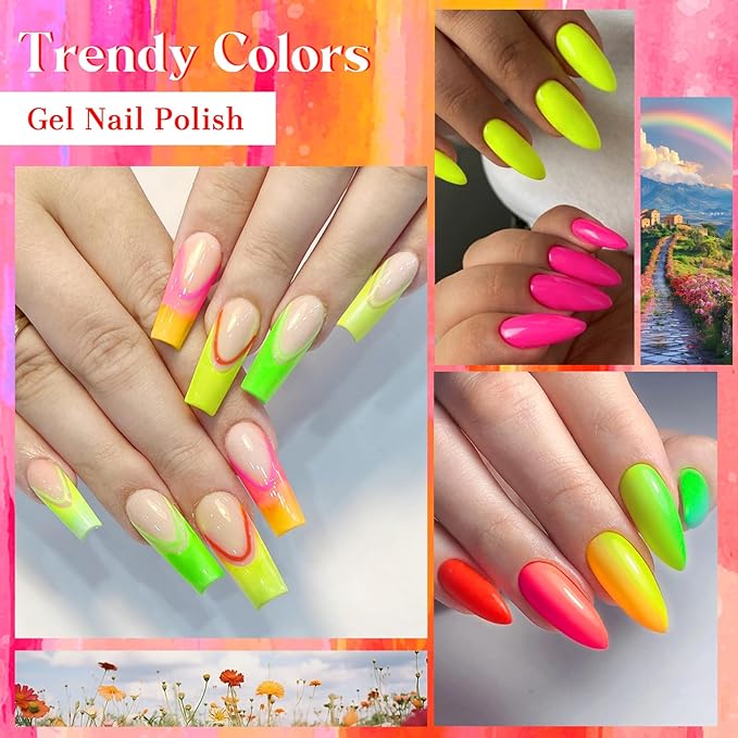 12Pcs Neon Gel Nail Polish Set Nude Gel Polish Set Pink Blue Rainbow Series Soak Off UV Nail Polish Manicure Kit