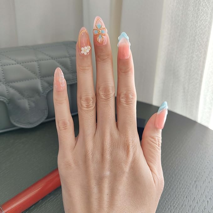 10 Medium Almond Handmade Press On Nails | Light Pink & Baby Blue Ombre Fake Nails with 3D Floral, Gold Rim & Marble Accents | Reusable, Easy Apply Salon Quality (251218, S)