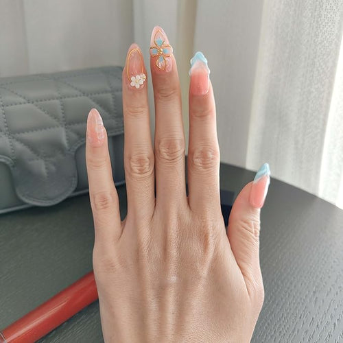 10 Medium Almond Handmade Press On Nails | Light Pink & Baby Blue Ombre Fake Nails with 3D Floral, Gold Rim & Marble Accents | Reusable, Easy Apply Salon Quality (251218, S)