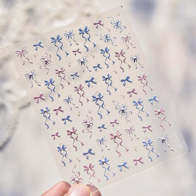 Bow Nail Stickers Ribbon Bowknot Nail Decals 5D Embossed with Pearl Design Self Adhesive Manicure Charms for Women Girla Kid Nails Supply Decoration