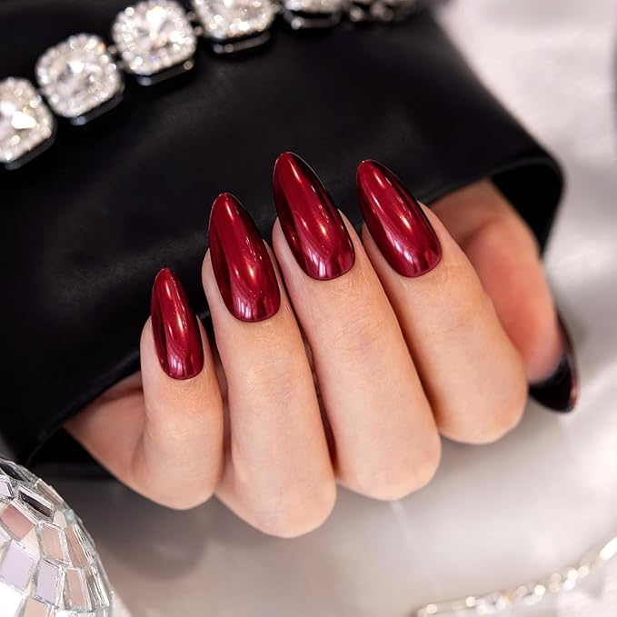VSALON Press On Nails Almond, 32 Pcs 16 Sizes Red Press On Burgundy Chrome Metallic Medium Fake Nails With Glue & Cuticle Oil, Reusable Stick On Nails False Nails Kit