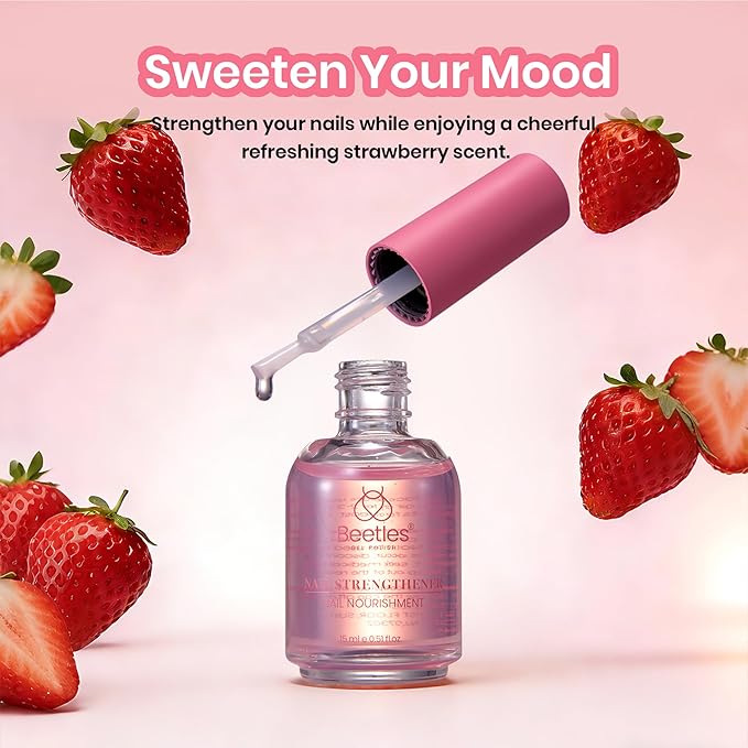 Beetles Nail Strengthener, Strawberry Nail Enhancer for Damaged Nails Strengthener and Growth Pink Air Dry Nails Strengthening Polish Natural Growth Treatment Gifts for Women 15ML