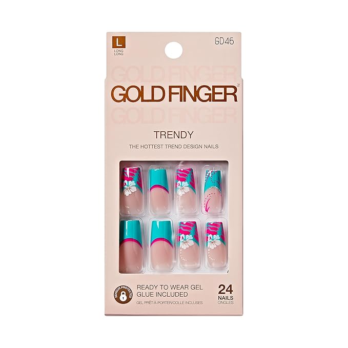 GoldFinger 24 Pcs Press On Nails, Long Square Fake Nails, Flower French Tip Gel Stick On Extensions, Reusable Full Cover False Nail Kit with Glue, Manicure Stick & File, 7 Day Long Lasting Wear