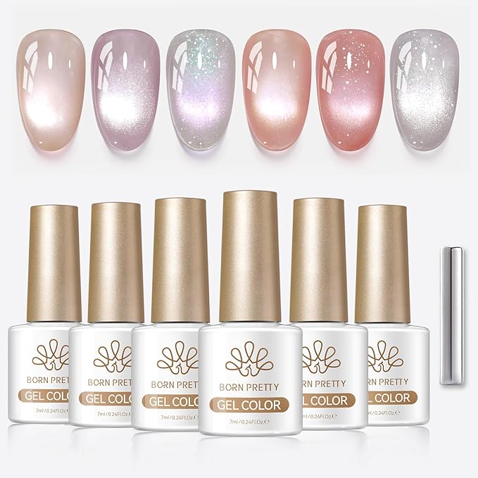 Born Pretty Cat Magnetic Eye Gel Nail Polish 6 Color Peach Pink Nude Light Purple Silver Magnetic Shimmer Glitter Gel Polish Soak Off U V Nail Gels 7ML