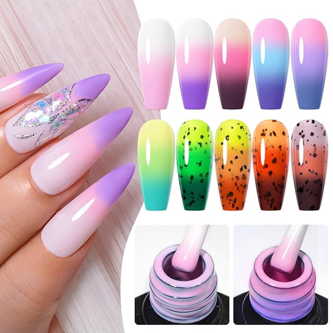 MEET ACROSS 12PCS Color Changing Gel Nail Polish Set Glitter Temperature Mood Changing Color Changed Gel Soak Off Nail Art Design Kit Manicure at Home Special Gifts for Women Girls