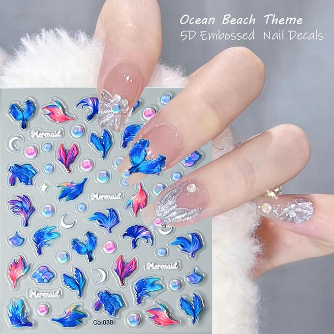 Zoance 5D Embossed Shell Starfish Nail Art Stickers, Self Adhesive Marine Life Nail Decals 4 Sheets Jellyfish Fishtail Pearl Nail Stickers for Nail Art Supplies Women Girls Nail DIY Decorations
