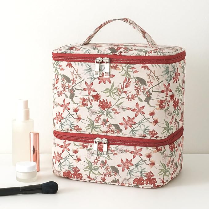 Nail Polish Organizer Aesthetic Nail Organizers and Storage, Bow Nail Supplies Kit Organizer Travel Carrying Case for Manicure Tools (Floral E, 2 Layer)