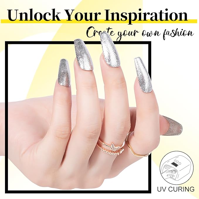 NXJ INFILILA Silver Glitter Gel Nail Polish, Reflective Shimmer Silver Gel Liner for Nail Art, Holographic Sparkle Long-lasting Color Soak Off UV Lamp Cured Gels for Art Manicure Salon DIY at Home B01