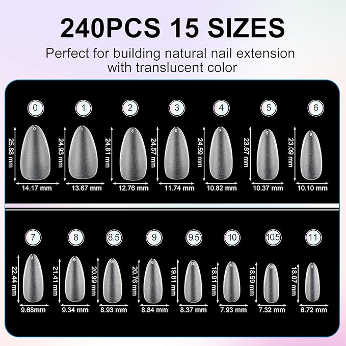 Medium Almond Nail Tips 240Pcs 15 Sizes, Pre-Etched Soft Gel Nail Tips Double-Sided Matte Full Cover False Nail Tips Press on Acrylic Nails Glue on Nails DIY Nail Extension Salon