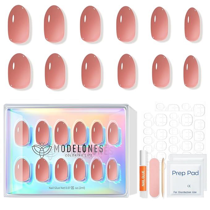 modelones Sheer Milk Tea Short Press on Nails, Semi-Transparent Oval Fake Nails Kit Press Ons with Nail Glue, Adhesive Tabs, Nail File, Prep Pad, Manicure Stick, 32Pcs 16 Sizes, Spring Women Girl Gift