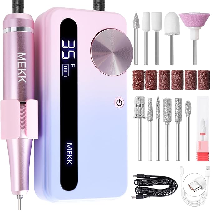 MEKK Nail Filer Electric Nail File,35000RPM Electric Nail Drill Kit with 12PCS Bits,Professional Anti-Shaking Cordless Nail Drill for Acrylic Nails,Home & Salon-Pink