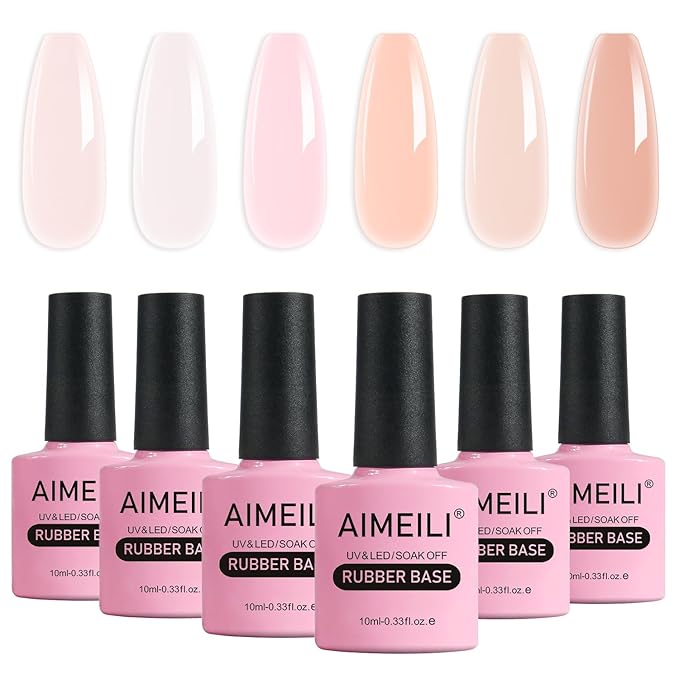 AIMEILI Hema Free Rubber Base Gel For Nails, Soak Off U V LED Clear Sheer Gel Nail Polish, 4 in 1 Nail Strengthen/Enhance/Base Coat/Color Set Of 6pcs X 10ml - Kit 46