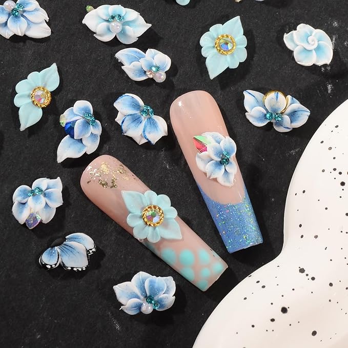 30PCS 3D Handmade Flower Nail Art Charms Advanced Handcrafted Cherry Blossom Flower Colorful Sculpted Floral Nails with Rhinestone Caviar Beads Design for Women Profession Nail Art Craft Jewelry