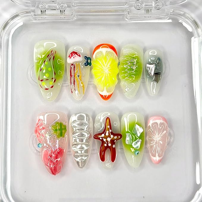 Luxury Press on Nails Medium Almond Handmade 3D Unique Reusable ABS Material Fake Nails French Tip False Nails with Designs Fruit Starfish Art Glossy Glue on Nails Thick Acrylic Nails(M)