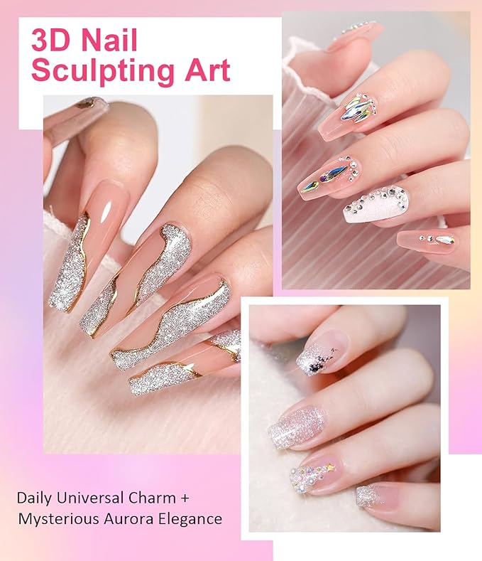 3D Gel Nail Art - Non-Sticky Sculpting Gel for Nails Clear Silver Aurora Solid Builder Nail Hand Carving U V/LED Extension Gels with 3D Mold Art Home DIY