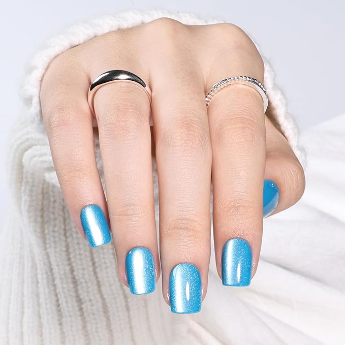 Blue Cat Eye Press On Nails - Short Square Press on Nails Ocean Blue Nails Press Ons for Women, Reusable Glossy Fake Nails Kit with Glue DIY Nails Short in 15 Sizes - 30pcs, Ocean Teal