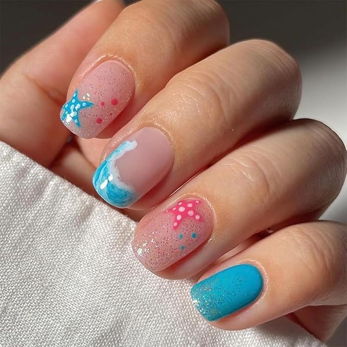 Short Square Press on Nails Summer Fake Nails Cute Blue Nails Press ons with Beach Vibes Sea Starfish Designs Full Cover Glue on Nail Stick on Nails for Women Manicure 24Pcs