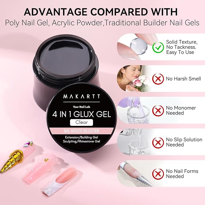 Makartt 3D Sculpting Gel Kit: 30g Clear 3D Nail Art Gel Non-Sticky Carving Molding Extension Builder Painting Solid Glues for DIY Manicure, Molding Hard Gels with Gold & Silver Chrome Powder