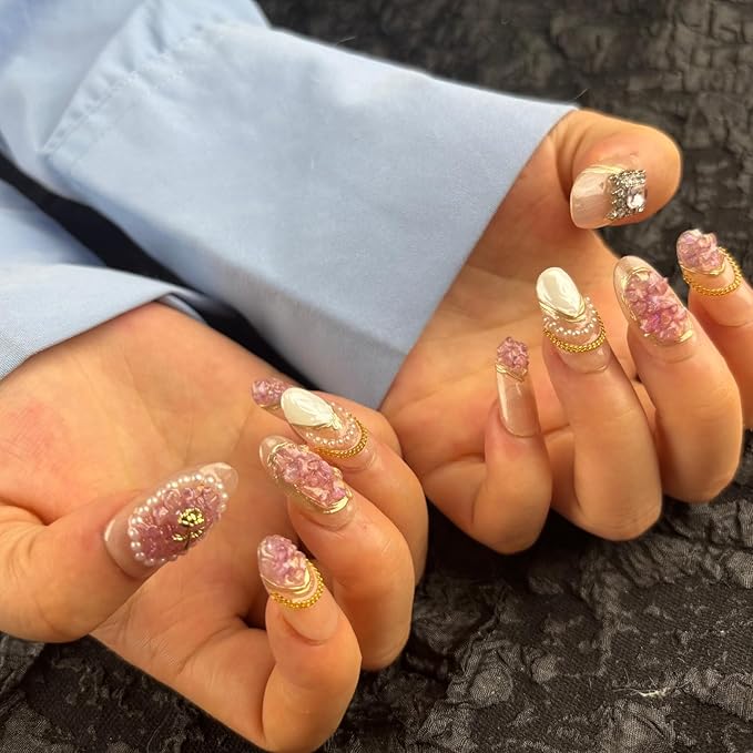 Handmade Press On Nails Medium Oval,Gold Chain&Pearl French Nail Tip,10Pcs Acrylic Fake Nails with Charm Design,Glue On Nail with 3D Rhinestone Stick On Woman Fingernails