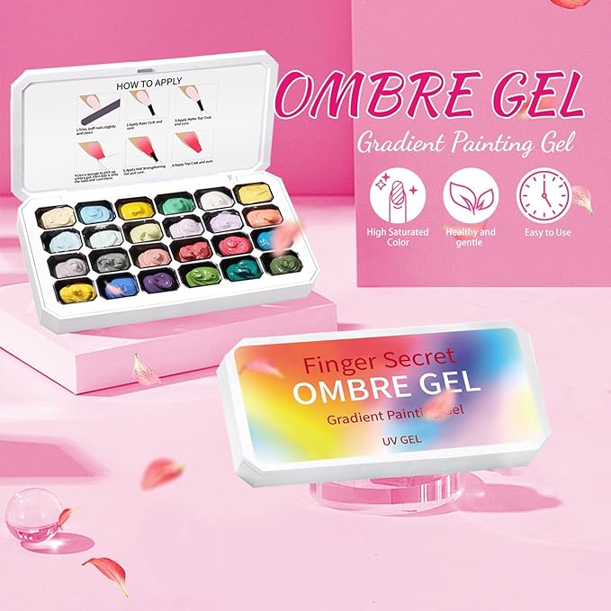 24 Colors Ombre Gel Nail Polish Set,Ombre Pigment for Nails,Gradient Painting Blooming Gel with 100Pcs Nail Sponges for 3D Gels Nail Art can be Painted in Salon or Home Use