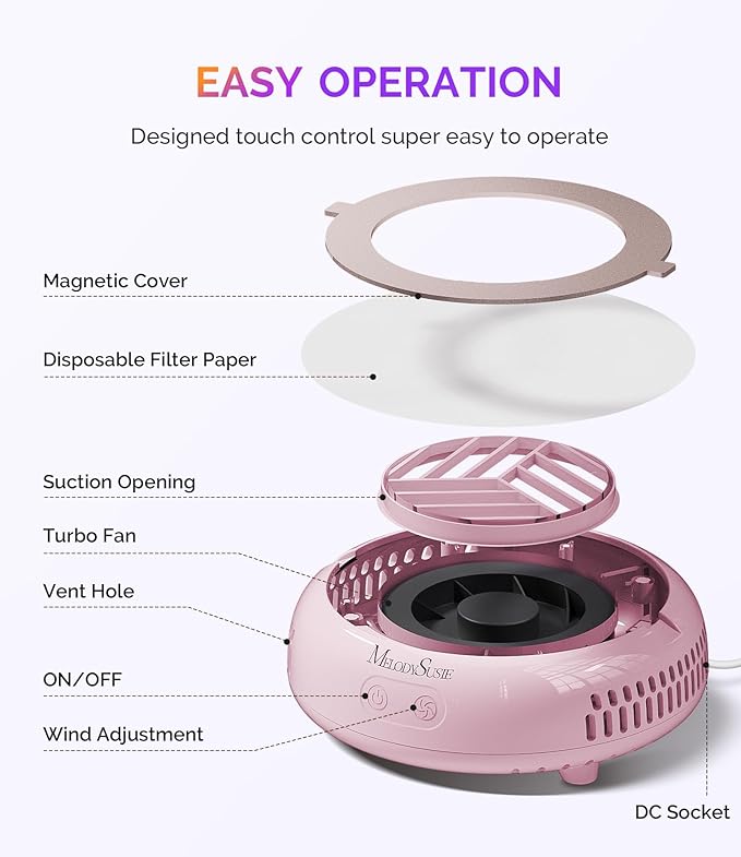MelodySusie PocketSized Nail Dust Collector with Lightweight Design,HProA 6000RPM Ultra-Small Nail Vacuum Fan with 3 Suction Modes and 30 Disposable Filter Papers for Beginner & Daily Nail Care,Pink