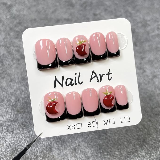 Handmade Press on Nails 3D Red Fruit Designs Short Square Shape False Nail Black French Tips Acrylic Nails Muti-Layer Gel Thicked False Nails Full Cover Stick on Nail for Women (Size S)