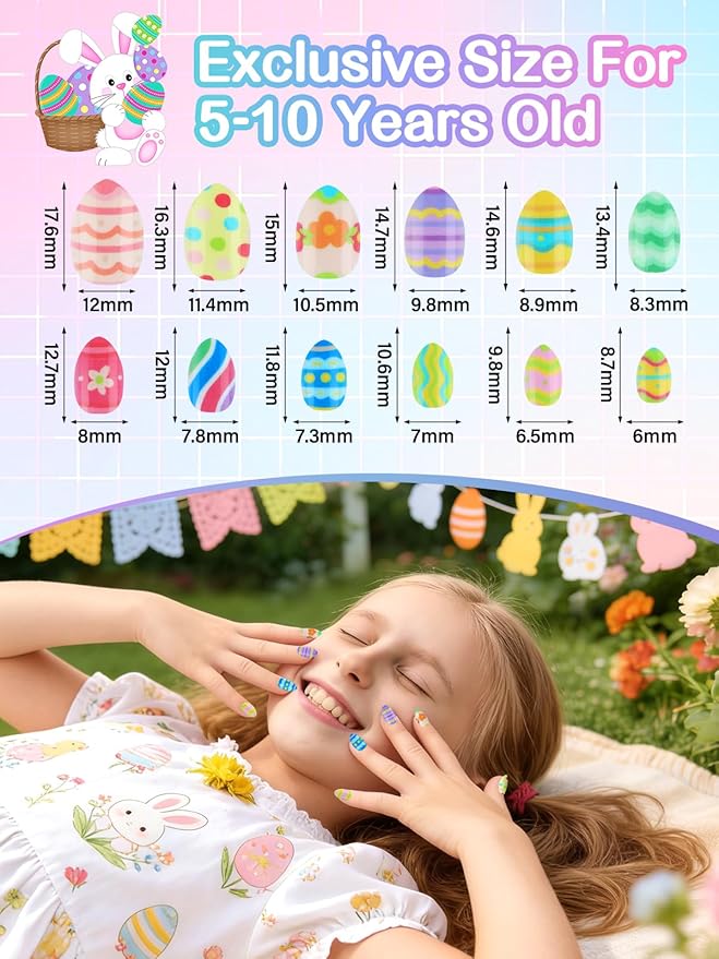 EBANKU Easter 144 Pcs Press on Nail Kids Gift Box, 6 Pack Rabbit Kid Flase Nails Kit with Nail Glue Set Fake Nail for Girls 5-10 Years Gift Set