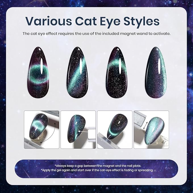 Beetles Cat Eye Gel Polish - Milky Way 6 Colors Gel Polish Set, Black Purple Blue Temperature Changing Glitter Nails, Galaxy Nails Kit with Magnet Stick Soak Off Uv Lamp Gel