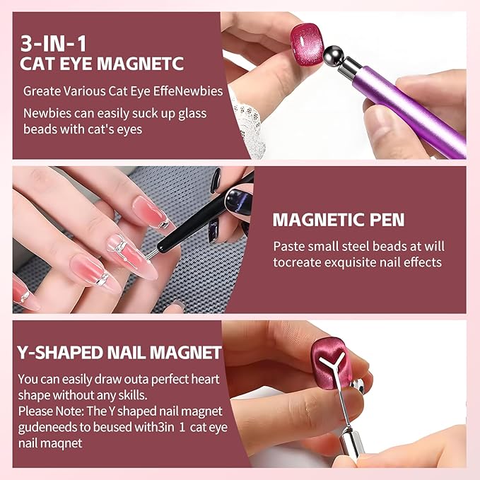 4-Piece Purple Cat Eye Magnet for Gel Nails, Strong Nail Polish Magnet Tool for Cat Eye Gel, Beginner-Friendly Magnetic Nail Art Stick for DIY Salon Designs