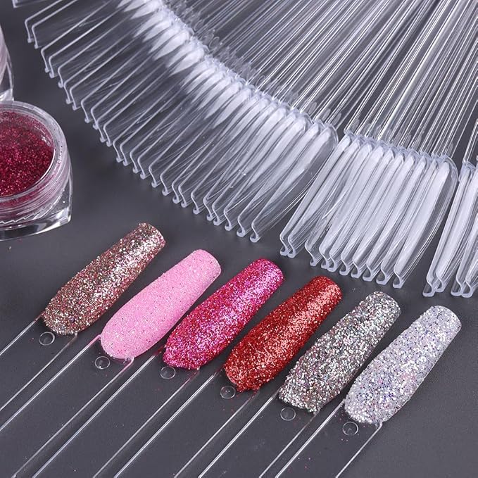 150 Pcs Nail Swatch Sticks with Ring, Clear Coffin Nail Polish Swatch Sticks, Ballerina False Nail Sample, Nail Practice Color Display Board Accessories for Home or Salon Use