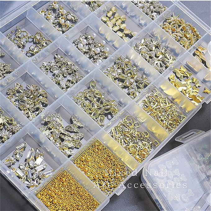 1 Box Nail Shinning Rhinestones Jewelry Diamond 3D Alloy Bow Butterfly Nail Art Zircon Pearl Gold Beads Manicure Nails DIY Accessories Nail Decoration Mix Metal Rivets Studs
