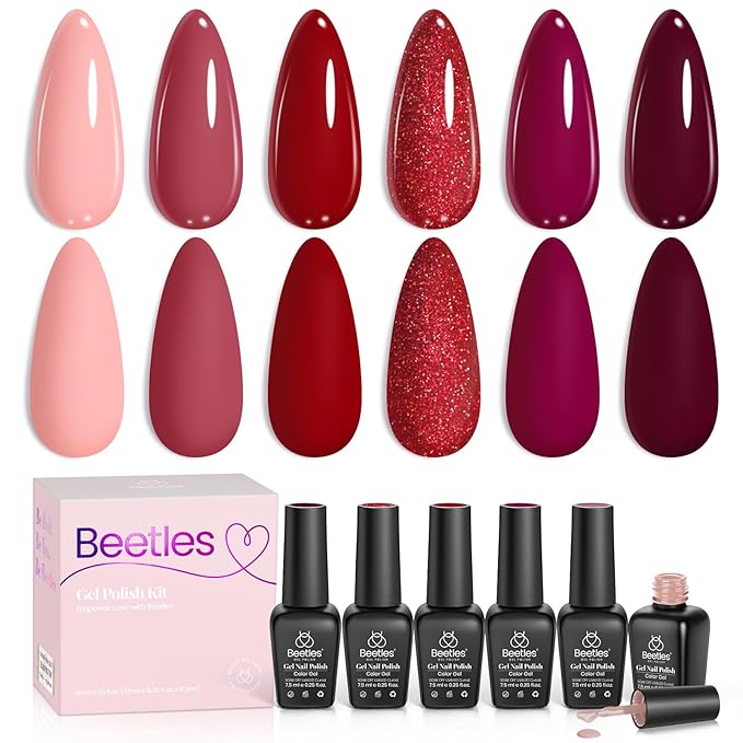 Beetles Red Gel Nail Polish, 6 Colors Burgundy Nude Red Glitter Gel Polish Marvelous Lady Collection Nail Art Design Soak Off Uv LED Nail Polish Manicure DIY Home Salon