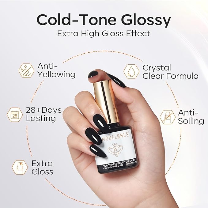 modelones Extra Glossy Gel Top Coat, 15ml Clear Color Preserve No Wipe Top Coat Gel Nail Polish High Shine Long Lasting Professional Self-Healing UV Nail Surface Protection Manicure