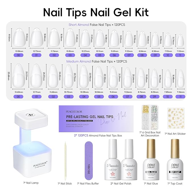 PEACECOLOR Gel Nail Kit, 240Pcs Short Medium Almond Nail Tips with U V Light 2PC Jelly Gel Polish Nail Glue Top Coat Stickers Rhinestones Easy Extension Set DIY Salon Gifts for Women